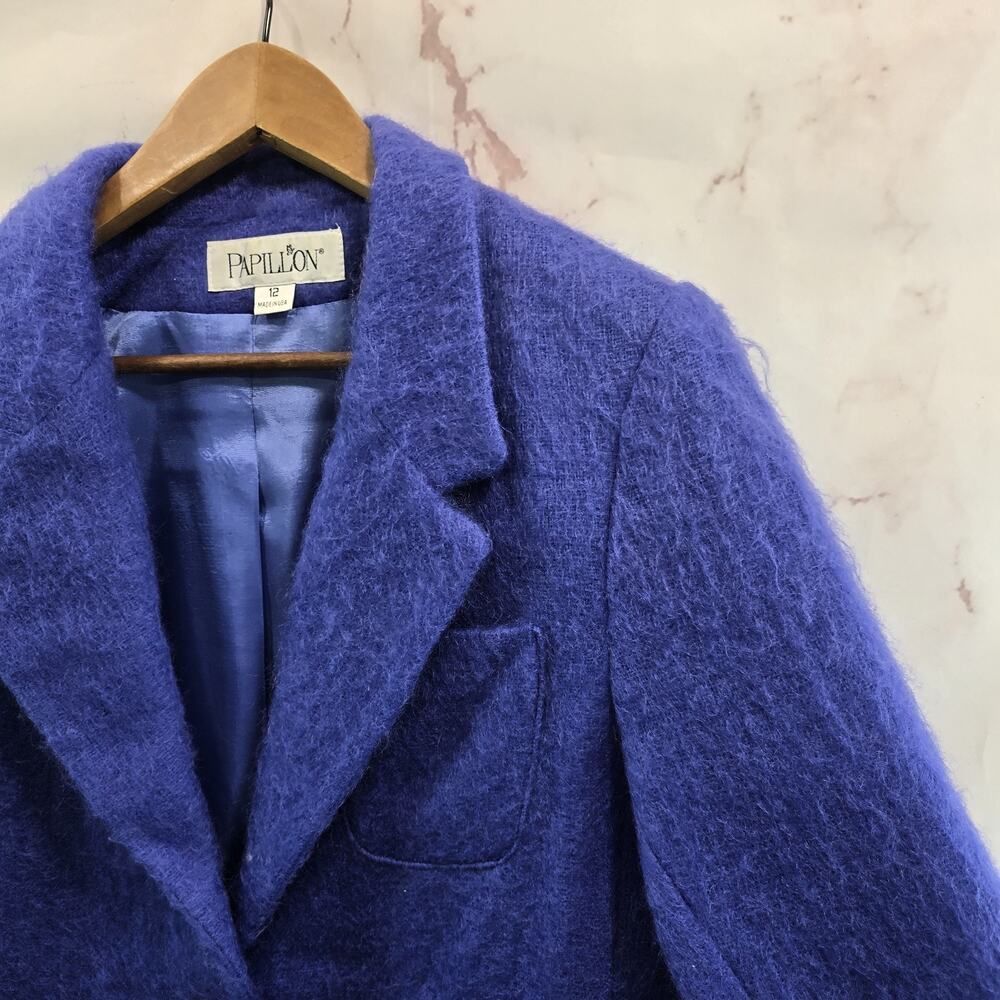 Vintage Blazer Womens Large 12 Mohair Periwinkle Wool Fuzzy 2 Button Eyelash - Picture 12 of 13